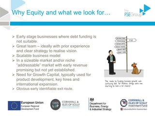 Why Equity and what we look for…
 Early stage businesses where debt funding is
not suitable.
 Great team – ideally with prior experience
and clear strategy to realise vision.
 Scalable business model
 In a sizeable market and/or niche
“addressable” market with early revenue
promising but not yet established.
 Need for Growth Capital, typically used for
product development, key hires and
international expansion.
 Obvious early identifiable exit route.
 