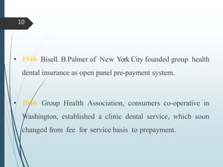 • 1948- Bisell. B.Palmer of New York City founded group health
dental insurance as open panel pre-payment system.
• 1949- Group Health Association, consumers co-operative in
Washington, established a clinic dental service, which soon
changed from fee for service basis to prepayment.
10
 