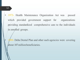 • 1973- Health Maintenance Organization Act was passed
which provided government support for organizations
providing standardized comprehensive care to the individuals
in enrolled groups.
• 1989- Delta Dental Plan and other such agencies were covering
about 107millionbeneficiaries.
12
 