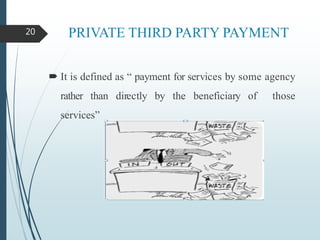 PRIVATE THIRD PARTY PAYMENT
 It is defined as “ payment for services by some agency
rather than directly by the beneficiary of those
services”
20
 