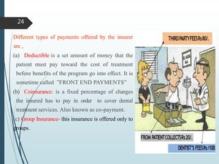 Different types of payments offered by the insurer
are ,
(a) Deductible:is a set amount of money that the
patient must pay toward the cost of treatment
before benefits of the program go into effect. It is
sometime called ”FRONT END PAYMENTS”
(b) Coinsurance: is a fixed percentage of charges
the insured has to pay in order to cover dental
treatment services. Also known as co-payment.
(c) Group Insurance- this insurance is offered only to
groups.
24
 