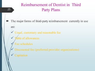 Reimbursement of Dentist in Third
Party Plans
 The major forms of third-party reimbursement currently in use
are:
 Usual, customary and reasonable fee
 Table of allowances
 Fee schedules
 Discounted fee (preferred provider organizations)
 Capitation
25
 