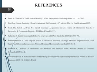 REFERENCES
 Peter S. Essentials of Public Health Dentistry . 6th ed. Arya (Medi) Publishing House Pvt . Ltd; 2017.
 Burt BA, Eklund. Dentistry , Dental practice and the Community. 6th edition . Elsevier Health sciences;2005.
 Garla BK, Satish G, Divya KT. Dental insurance: A systematic review. Journal of International Society of
Preventive & Community Dentistry. 2014 Dec;4(Suppl 2):S73.
 Sebastian S. Dental Insurance In India: An Overview.Int J Dent Health Sci 2014;1(6):788-795.
 Goodman-Bacon A. The long-run effects of childhood insurance coverage: Medicaid implementation, adult
health, and labor market outcomes. National Bureau of Economic Research; 2016 Dec 1.
 Brevoort K, Grodzicki D, Hackmann MB. Medicaid and financial health. National Bureau of Economic
Research; 2017 Nov 2.
 Goodman-Bacon A. Public insurance and mortality: evidence from Medicaid implementation. Journal of Political
Economy. 2018 Feb 1;126(1):216-62
68
 