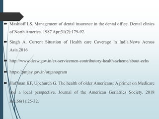  Mashioff LS. Management of dental insurance in the dental office. Dental clinics
of North America. 1987 Apr;31(2):179-92.
 Singh A. Current Situation of Health care Coverage in India.News Across
Asia.2016
 http://www.desw.gov.in/ex-servicemen-contributory-health-scheme/about-echs
 https://pmjay.gov.in/organogram
 Huffman KF, Upchurch G. The health of older Americans: A primer on Medicare
and a local perspective. Journal of the American Geriatrics Society. 2018
Jan;66(1):25-32.
 