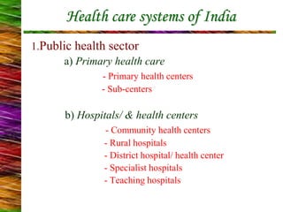 Health care systems of India
1.Public health sector
a) Primary health care
- Primary health centers
- Sub-centers
b) Hospitals/ & health centers
- Community health centers
- Rural hospitals
- District hospital/ health center
- Specialist hospitals
- Teaching hospitals
 