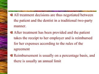 All treatment decisions are thus negotiated between
the patient and the dentist in a traditional two-party
manner.
After treatment has been provided and the patient
takes the receipt to her employer and is reimbursed
for her expenses according to the rules of the
agreement
Reimbursement is usually on a percentage basis, and
there is usually an annual limit
 