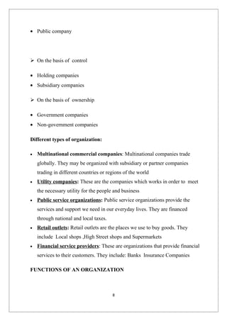 • Public company




 On the basis of control

• Holding companies
• Subsidiary companies

 On the basis of ownership

• Government companies
• Non-government companies

Different types of organization:

•   Multinational commercial companies: Multinational companies trade
    globally. They may be organized with subsidiary or partner companies
    trading in different countries or regions of the world
•   Utility companies: These are the companies which works in order to meet
    the necessary utility for the people and business
•   Public service organizations: Public service organizations provide the
    services and support we need in our everyday lives. They are financed
    through national and local taxes.
•   Retail outlets: Retail outlets are the places we use to buy goods. They
    include Local shops ,High Street shops and Supermarkets
•   Financial service providers: These are organizations that provide financial
    services to their customers. They include: Banks, Insurance Companies

FUNCTIONS OF AN ORGANIZATION



                                        8
 