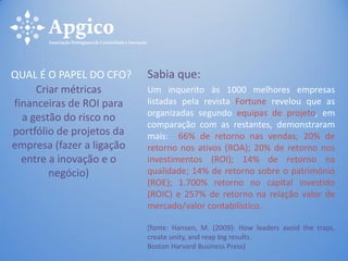 Criar métricas
financeiras de ROI para
a gestão do risco no
portfólio de projetos da
empresa (fazer a ligação
entre a inovação e o
negócio)
QUAL É O PAPEL DO CFO? Sabia que:
Um inquerito às 1000 melhores empresas
listadas pela revista Fortune revelou que as
organizadas segundo equipas de projeto, em
comparação com as restantes, demonstraram
mais: 66% de retorno nas vendas; 20% de
retorno nos ativos (ROA); 20% de retorno nos
investimentos (ROI); 14% de retorno na
qualidade; 14% de retorno sobre o património
(ROE); 1.700% retorno no capital investido
(ROIC) e 257% de retorno na relação valor de
mercado/valor contabilístico.
(fonte: Hansen, M. (2009): How leaders avoid the traps,
create unity, and reap big results.
Boston Harvard Business Press)
 