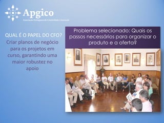 Criar planos de negócio
para os projetos em
curso, garantindo uma
maior robustez no
apoio
QUAL É O PAPEL DO CFO?
Problema selecionado: Quais os
passos necessários para organizar o
produto e a oferta?
 