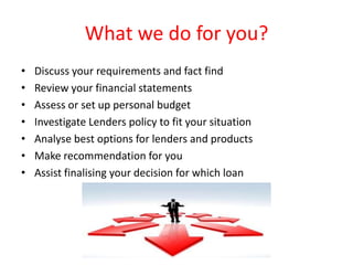What we do for you?
•   Discuss your requirements and fact find
•   Review your financial statements
•   Assess or set up personal budget
•   Investigate Lenders policy to fit your situation
•   Analyse best options for lenders and products
•   Make recommendation for you
•   Assist finalising your decision for which loan
 