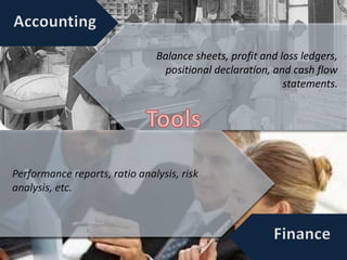 Balance sheets, profit and loss ledgers,
positional declaration, and cash flow
statements.
Performance reports, ratio analysis, risk
analysis, etc.
 