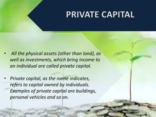 • All the physical assets (other than land), as
well as investments, which bring income to
an individual are called private capital.
• Private capital, as the name indicates,
refers to capital owned by individuals.
Examples of private capital are buildings,
personal vehicles and so on.
 