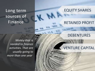 EQUITY SHARES
Money that is
needed to finance
activities. That are
usually going to
more than one year.
RETAINED PROFIT
DEBENTURES
VENTURE CAPITAL
 