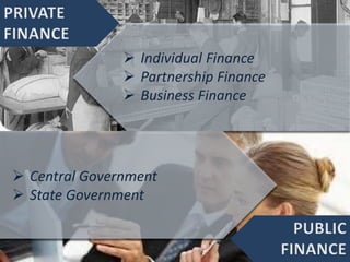  Individual Finance
 Partnership Finance
 Business Finance
 Central Government
 State Government
 