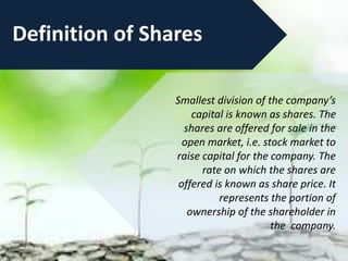 Definition of Shares
Smallest division of the company’s
capital is known as shares. The
shares are offered for sale in the
open market, i.e. stock market to
raise capital for the company. The
rate on which the shares are
offered is known as share price. It
represents the portion of
ownership of the shareholder in
the company.
 