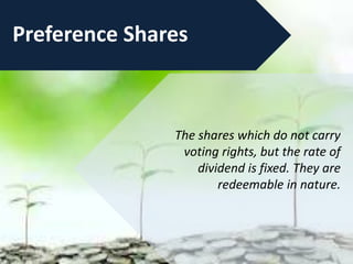 Preference Shares
The shares which do not carry
voting rights, but the rate of
dividend is fixed. They are
redeemable in nature.
 
