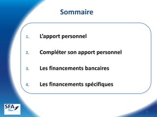 Sommaire
1.

L’apport personnel

2.

Compléter son apport personnel

3.

Les financements bancaires

4.

Les financements spécifiques

3

 