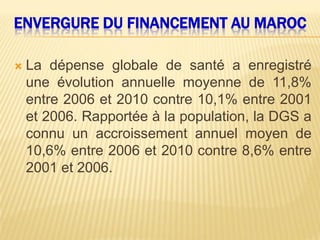 ENVERGURE DU FINANCEMENT AU MAROC
 La dépense globale de santé a enregistré
une évolution annuelle moyenne de 11,8%
entre 2006 et 2010 contre 10,1% entre 2001
et 2006. Rapportée à la population, la DGS a
connu un accroissement annuel moyen de
10,6% entre 2006 et 2010 contre 8,6% entre
2001 et 2006.
 