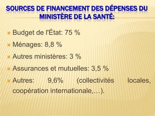 SOURCES DE FINANCEMENT DES DÉPENSES DU
MINISTÈRE DE LA SANTÉ:
 Budget de l'État: 75 %
 Ménages: 8,8 %
 Autres ministères: 3 %
 Assurances et mutuelles: 3,5 %
 Autres: 9,6% (collectivités locales,
coopération internationale,…).
 