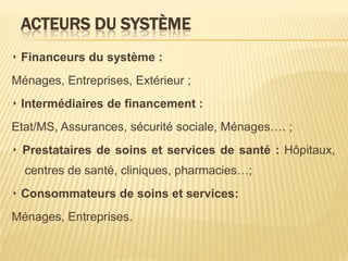ACTEURS DU SYSTÈME
‣ Financeurs du système :
Ménages, Entreprises, Extérieur ;
‣ Intermédiaires de financement :
Etat/MS, Assurances, sécurité sociale, Ménages…. ;
‣ Prestataires de soins et services de santé : Hôpitaux,
centres de santé, cliniques, pharmacies…;
‣ Consommateurs de soins et services:
Ménages, Entreprises.
 
