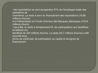 • les importations se sont accaparées 91% de l'enveloppe totale des
opérations de
commerce. Le reste a servi au financement des exportations (19,66
millions d'euros)
et à l'alimentation du Fonds Commun des Banques Islamiques (103,9
millions d'euro).
• les prêts, la vente à tempérament18, les participations aux bénéfices
et Istitna'a ont
bénéficié de 224 millions d'euros. Le reste (34,7 millions d'euros) a été
accordé sous
forme de crédit-bail, de participation au capital et de lignes de
financement.
 