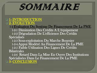  1- INTRODUCTION
 2- EVOLUTION
1-2 Evaluation Du Système De Financement De La PME
1-2-1 Diminution Des Crédits A L‘équipement
1-2-2 Dégradation De L'efficience Des Crédits
Spécialisés
1-2-3 Sous-exploitation Du Marche Boursier
1-2-4 Appui Modéré Au Financement De La PME
1-2-5 Faible Utilisation Des Lignes De Crédits
Bilatérales
1-2-6 Retard Dans La Mise En Ouvre Des Institutions
Spécialisées Dans Le Financement De La PME
 3- CONCLUSION
 