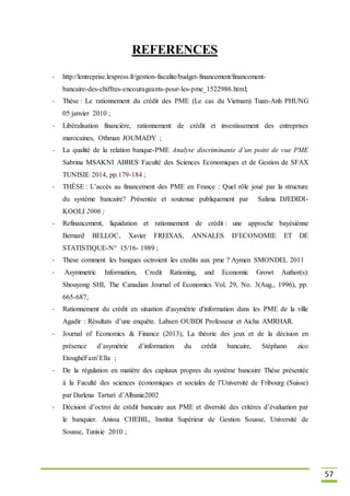 57
REFERENCES
- http://lentreprise.lexpress.fr/gestion-fiscalite/budget-financement/financement-
bancaire-des-chiffres-encourageants-pour-les-pme_1522986.html;
- Thèse : Le rationnement du crédit des PME (Le cas du Vietnam) Tuan-Anh PHUNG
05 janvier 2010 ;
- Libéralisation financière, rationnement de crédit et investissement des entreprises
marocaines, Othman JOUMADY ;
- La qualité de la relation banque-PME Analyse discriminante d’un point de vue PME
Sabrina MSAKNI ABBES Faculté des Sciences Economiques et de Gestion de SFAX
TUNISIE 2014, pp.179-184 ;
- THÈSE : L’accès au financement des PME en France : Quel rôle joué par la structure
du système bancaire? Présentée et soutenue publiquement par Salima DJEDIDI-
KOOLI 2006 ;
- Refinancement, liquidation et rationnement de crédit : une approche bayésiènne
Bernard BELLOC, Xavier FREIXAS, ANNALES D’ECONOMIE ET DE
STATISTIQUE-N° 15/16- 1989 ;
- These comment les banques octroient les credits aux pme ? Aymen SMONDEL 2011
- Asymmetric Information, Credit Rationing, and Economic Growt Author(s):
Shouyong SHI, The Canadian Journal of Economics Vol. 29, No. 3(Aug., 1996), pp.
665-687;
- Rationnement du crédit en situation d'asymétrie d'information dans les PME de la ville
Agadir : Résultats d’une enquête. Lahsen OUBDI Professeur et Aicha AMRHAR.
- Journal of Economics & Finance (2013), La théorie des jeux et de la décision en
présence d’asymétrie d’information du crédit bancaire, Stéphano zico
EtoughéFam’Ella ;
- De la régulation en matière des capitaux propres du système bancaire Thèse présentée
à la Faculté des sciences économiques et sociales de l’Université de Fribourg (Suisse)
par Darlena Tartari d’Albanie2002
- Décision d’octroi de crédit bancaire aux PME et diversité des critères d’évaluation par
le banquier. Anissa CHEBIL, Institut Supérieur de Gestion Sousse, Université de
Sousse, Tunisie 2010 ;
 