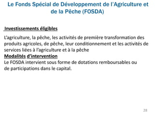 Le Fonds Spécial de Développement de l’Agriculture et
de la Pêche (FOSDA)
28
Investissements éligibles
L’agriculture, la pêche, les activités de première transformation des
produits agricoles, de pêche, leur conditionnement et les activités de
services liées à l’agriculture et à la pêche
Modalités d’intervention
Le FOSDA intervient sous forme de dotations remboursables ou
de participations dans le capital.
 