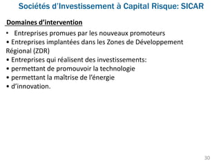 Sociétés d’Investissement à Capital Risque: SICAR
30
• Entreprises promues par les nouveaux promoteurs
• Entreprises implantées dans les Zones de Développement
Régional (ZDR)
• Entreprises qui réalisent des investissements:
• permettant de promouvoir la technologie
• permettant la maîtrise de l’énergie
• d’innovation.
Domaines d’intervention
 