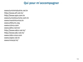 www.tunisieindustrie.nat.tn
http://www.afi.nat.tn/
http://www.apia.com.tn
www.tunisietourisme.com.tn
www.investintunisia.tn
www.ahktunis.org
www.cctnca.com
www.odno.nat.tn/
http://www.odco.nat.tn/
http://www.ods.nat.tn/
www.sidco-sicar.com
www.cepex.nat.tn
www.innorpi.tn/
Qui pour m’accompagner
56
 