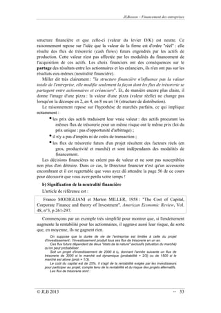 JLBesson – Financement des entreprises
© JLB 2013 -- 53
structure financière et que celle-ci (valeur du levier D/K) est neutre. Ce
raisonnement repose sur l'idée que la valeur de la firme est d'ordre réel : elle
résulte des flux de trésorerie (cash flows) futurs engendrés par les actifs de
production. Cette valeur n'est pas affectée par les modalités du financement de
l'acquisition de ces actifs. Les choix financiers ont des conséquences sur le
partage des résultats entre les actionnaires et les créanciers, ils n'en ont pas sur les
résultats eux-mêmes (neutralité financière).
Miller dit très clairement : la structure financière n'influence pas la valeur
totale de l'entreprise, elle modifie seulement la façon dont les flux de trésorerie se
partagent entre actionnaires et créanciers. Et, de manière encore plus claire, il
donne l'image d'une pizza : la valeur d'une pizza (valeur réelle) ne change pas
lorsqu'on la découpe en 2, en 4, en 8 ou en 16 (structure de distribution).
Le raisonnement repose sur l'hypothèse de marchés parfaits, ce qui implique
notamment :
•les prix des actifs traduisent leur vraie valeur : des actifs procurant les
mêmes flux de trésorerie pour un même risque ont le même prix (loi du
prix unique : pas d'opportunité d'arbitrage) ;
•il n'y a pas d'impôts ni de coûts de transaction ;
•les flux de trésorerie futurs d'un projet résultent des facteurs réels (en
gros, productivité et marché) et sont indépendants des modalités de
financement.
Les décisions financières ne créent pas de valeur et ne sont pas susceptibles
non plus d'en détruire. Dans ce cas, le Directeur financier n'est qu'un accessoire
encombrant et il est regrettable que vous ayez dû attendre la page 56 de ce cours
pour découvrir que vous avez perdu votre temps !
b) Signification de la neutralité financière
L'article de référence est :
Franco MODIGLIANI et Merton MILLER, 1958 : The Cost of Capital,
Corporate Finance and theory of Investment, American Economic Review, Vol.
48, n°3, p 261-297.
Commençons par un exemple très simplifié pour montrer que, si l'endettement
augmente la rentabilité pour les actionnaires, il aggrave aussi leur risque, de sorte
que, en moyenne, ils ne gagnent rien.
On suppose que la durée de vie de l'entreprise est limitée à celle du projet
d'investissement : l'investissement produit tous ses flux de trésorerie en un an.
Ces flux futurs dépendent de deux états de la nature exclusifs (situation du marché)
qu'on peut probabiliser.
Soit un projet d'investissement de 2000 à t0, donnant l'année suivante un flux de
trésorerie de 3000 si le marché est dynamique (probabilité = 2/3) ou de 1500 si le
marché est atone (prob = 1/3).
Le coût du capital est de 25%. Il s'agit de la rentabilité exigée par les investisseurs
pour participer au projet, compte tenu de la rentabilité et du risque des projets alternatifs.
Les flux de trésorerie sont :
 