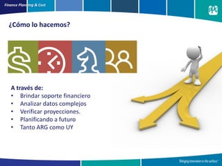 A través de:
• Brindar soporte financiero
• Analizar datos complejos
• Verificar proyecciones.
• Planificando a futuro
• Tanto ARG como UY
Finance Planning & Cost
¿Cómo lo hacemos?
 