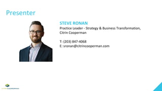 Presenter
STEVE RONAN
Practice Leader - Strategy & Business Transformation,
Citrin Cooperman
T: (203) 847-4068
E: sronan@c...