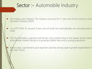 Sector :- Automobile Industry
 The Indian auto industry The industry accounts for 7.1 per cent of the country's Gros
Domestic Product (GDP)
 As of FY 2014-15, around 31 per cent of small cars sold globally are manufactured in
India
 The Two Wheelers segment with 81 per cent market share is the leader of the Indian
Automobile market owing to a growing middle class and a young population
 India is also a prominent auto exporter and has strong export growth expectations fo
the near future
 