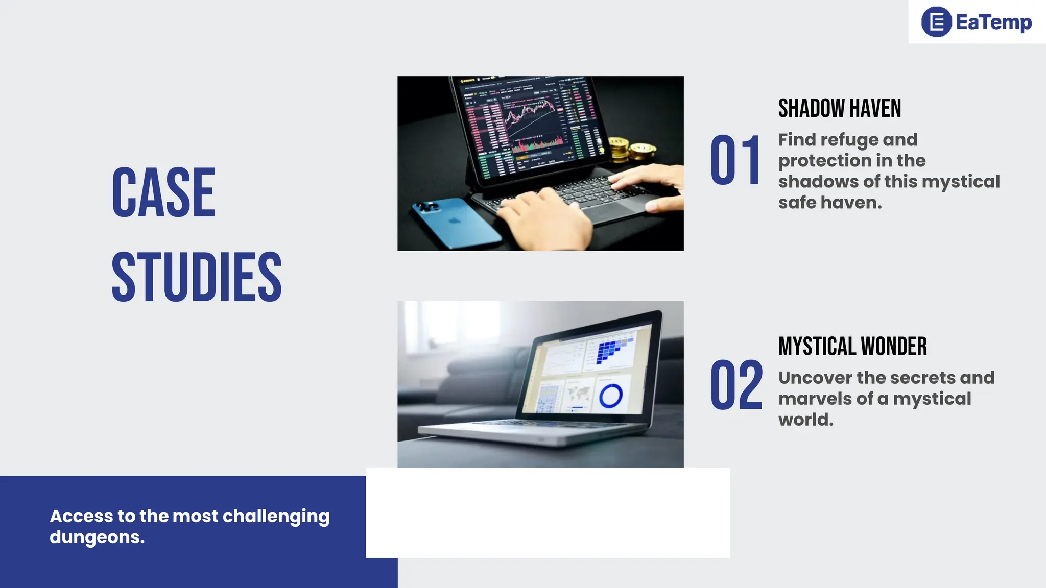 Case
Studies
01
Shadow Haven
Find refuge and
protection in the
shadows of this mystical
safe haven.
02
Mystical Wonder
Uncover the secrets and
marvels of a mystical
world.
Access to the most challenging
dungeons.
 