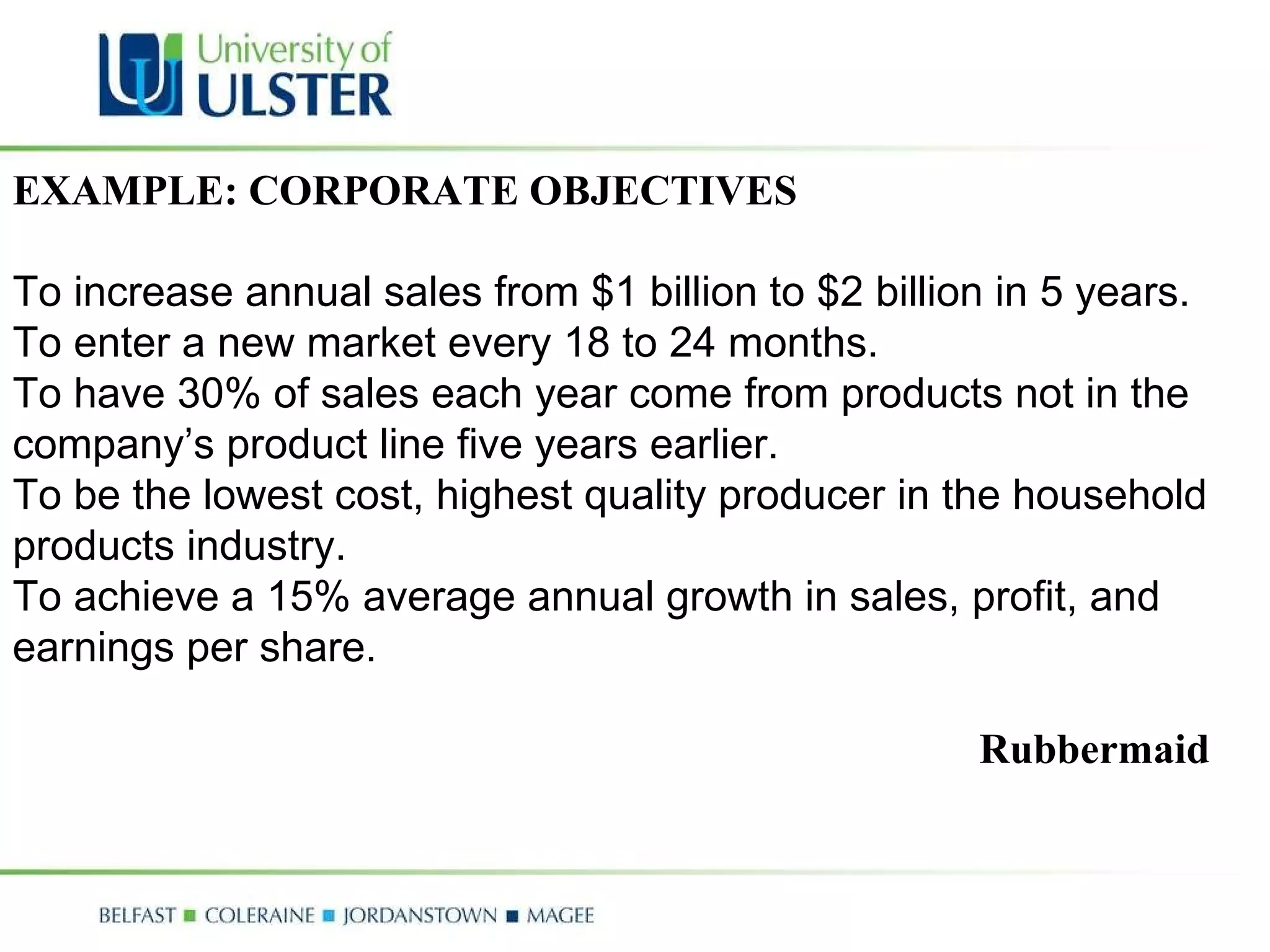 EXAMPLE: CORPORATE OBJECTIVES To increase annual sales from $1 billion to $2 billion in 5 years.  To enter a new market every 18 to 24 months.  To have 30% of sales each year come from products not in the company’s product line five years earlier.  To be the lowest cost, highest quality producer in the household products industry.  To achieve a 15% average annual growth in sales, profit, and earnings per share. Rubbermaid 