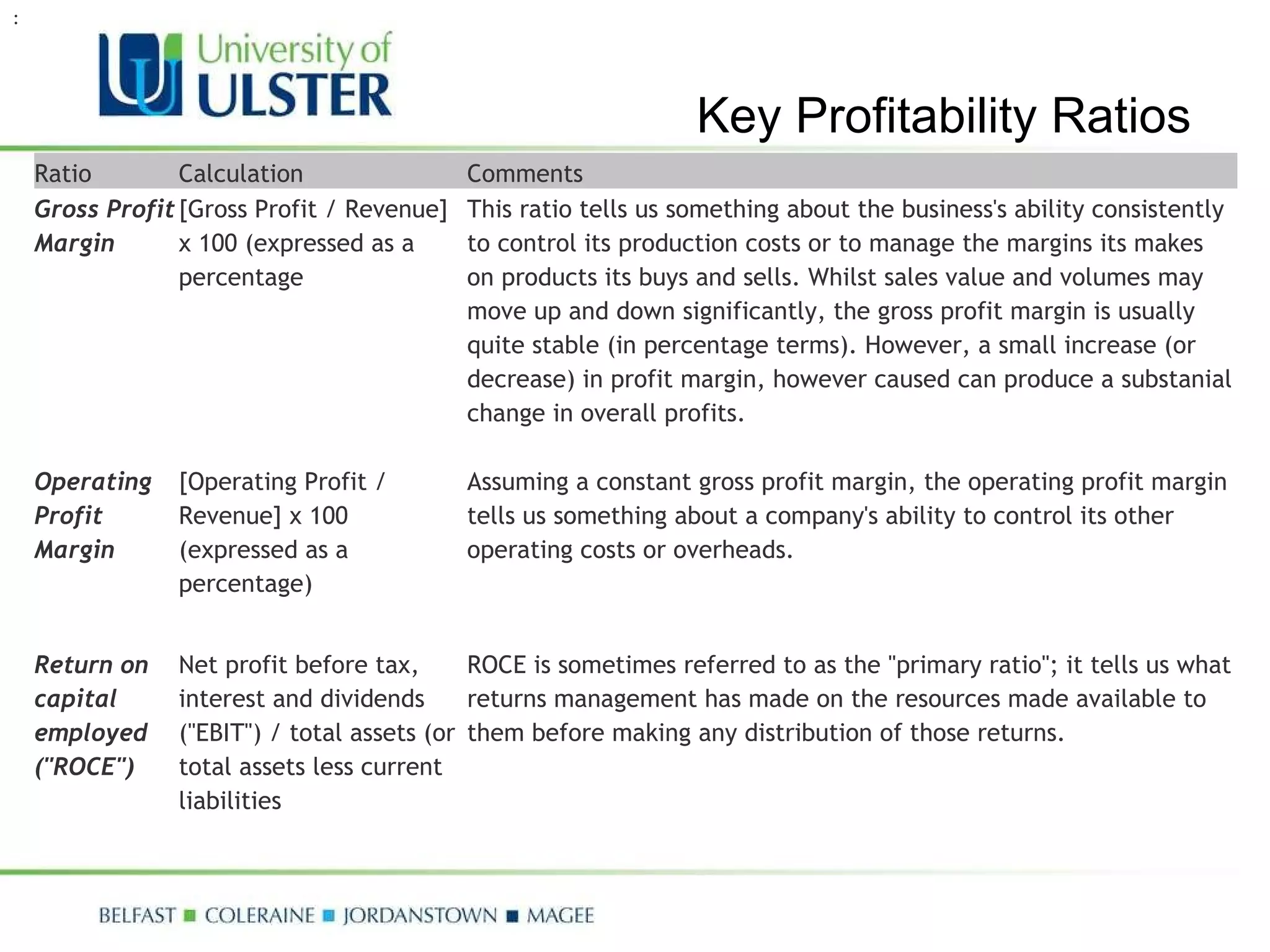 : Key Profitability Ratios Ratio Calculation Comments Gross Profit Margin [Gross Profit / Revenue] x 100 (expressed as a percentage This ratio tells us something about the business's ability consistently to control its production costs or to manage the margins its makes on products its buys and sells. Whilst sales value and volumes may move up and down significantly, the gross profit margin is usually quite stable (in percentage terms). However, a small increase (or decrease) in profit margin, however caused can produce a substanial change in overall profits. Operating Profit Margin [Operating Profit / Revenue] x 100 (expressed as a percentage) Assuming a constant gross profit margin, the operating profit margin tells us something about a company's ability to control its other operating costs or overheads. Return on capital employed ("ROCE")  Net profit before tax, interest and dividends ("EBIT") / total assets (or total assets less current liabilities ROCE is sometimes referred to as the "primary ratio"; it tells us what returns management has made on the resources made available to them before making any distribution of those returns. 