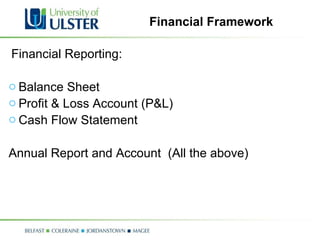 Financial Framework Financial Reporting: Balance Sheet Profit & Loss Account (P&L) Cash Flow Statement Annual Report and Account  (All the above) 