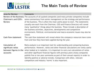 The Main Tools of Review Area for Review Comments Review of the Business; Chairman's and CEO's Review The accounts of all quoted companies (and many private companies) include some commentary from senior management on the strategy and performance of the business. This is often the most useful place to start. The statements (usually one each from the Chairman, CEO and Finance Director) will reveal many "qualitative" things about the business. These include a description of the business activities, objectives, developments and competitive environment. Political, environmental and macro-economic issues may also be raised. Cash flow statement The cash flow statement will reveal where the company's resources have come from and how they have been applied during the year. Calculation of significant ratios between figures in the accounts Ratio analysis is an important tool for understanding and comparing business performance. However, ratios and other financial calculations are rarely useful when looked at in isolation. it is important to carry out calculations of ratios and other significant financial figures with previous years (many companies publish five or ten year summaries as part of their annual reports) in order to identify positive or adverse trends). Comparison with other, relevant competitors and industry "norms" is also important. 