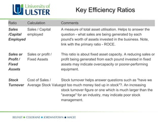Key Efficiency Ratios Ratio Calculation Comments Sales /Capital Employed  Sales / Capital employed A measure of total asset utilisation. Helps to answer the question - what sales are being generated by each pound's worth of assets invested in the business. Note, link with the primary ratio - ROCE. Sales or Profit / Fixed Assets Sales or profit / Fixed Assets This ratio is about fixed asset capacity. A reducing sales or profit being generated from each pound invested in fixed assets may indicate overcapacity or poorer-performing equipment. Stock Turnover Cost of Sales / Average Stock Value Stock turnover helps answer questions such as "have we got too much money tied up in stock"?. An increasing stock turnover figure or one which is much larger than the "average" for an industry, may indicate poor stock management. 