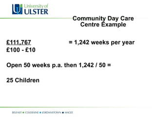 Community Day Care Centre Example £111,767 = 1,242 weeks per year £100 - £10 Open 50 weeks p.a. then 1,242 / 50 =  25 Children 