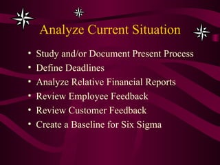 Analyze Current Situation Study and/or Document Present Process Define Deadlines Analyze Relative Financial Reports Review Employee Feedback Review Customer Feedback Create a Baseline for Six Sigma 