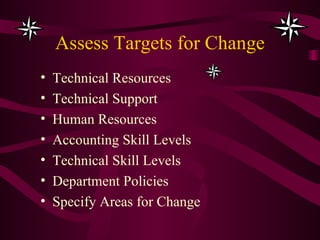 Assess Targets for Change Technical Resources Technical Support Human Resources Accounting Skill Levels Technical Skill Levels Department Policies Specify Areas for Change 