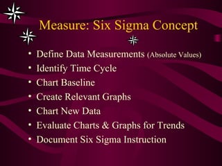 Measure: Six Sigma Concept Define Data Measurements  (Absolute Values) Identify Time Cycle Chart Baseline Create Relevant Graphs Chart New Data  Evaluate Charts & Graphs for Trends Document Six Sigma Instruction 