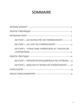   2	
  
SOMMAIRE	
  
REMERCIEMENT -------------------------------------------------------------- 3
PARTIE THÉORIQUE --------------------------------------------------------- 4
INTRODUCTION --------------------------------------------------------------- 5
SECTION 1 : LES MODALITÉS DE FINANCEMENT------------ 6
SECTION 2 : LE COÛT DE FINANCEMENT---------------------- 13
SECTION 3 : STRUCTURE FINANCIÈRE ET VALEUR DE
L’ENTREPRISE ---------------------------------------------------------- 15
PARTIE PRATIQUE ----------------------------------------------------------- 18
SECTION 1 : PRÉSENTATION GÉNÉRALE DE SOTHEMA--- 19
SECTION 2 : ANALYSE ET MODES DE FINANCEMENT----- 28
CONCLUSION : ------------------------------------------------------------------- 34
BIBLIO /WEBLIOGRAPHIE--------------------------------------------------- 35
 