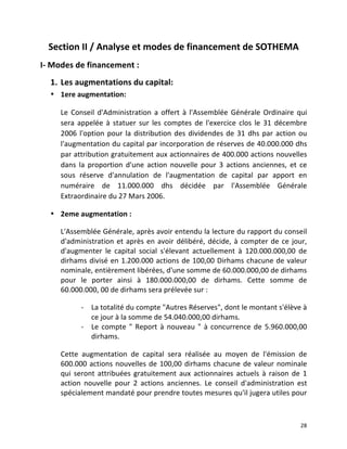   28	
  
Section	
  II	
  /	
  Analyse	
  et	
  modes	
  de	
  financement	
  de	
  SOTHEMA	
  
I-­‐	
  Modes	
  de	
  financement	
  :	
  
1. Les	
  augmentations	
  du	
  capital:	
  
• 1ere	
  augmentation:	
  
Le	
   Conseil	
   d'Administration	
   a	
   offert	
   à	
   l'Assemblée	
   Générale	
   Ordinaire	
   qui	
  
sera	
   appelée	
   à	
   statuer	
   sur	
   les	
   comptes	
   de	
   l'exercice	
   clos	
   le	
   31	
   décembre	
  
2006	
  l'option	
  pour	
  la	
  distribution	
  des	
  dividendes	
  de	
  31	
  dhs	
  par	
  action	
  ou	
  
l'augmentation	
  du	
  capital	
  par	
  incorporation	
  de	
  réserves	
  de	
  40.000.000	
  dhs	
  
par	
  attribution	
  gratuitement	
  aux	
  actionnaires	
  de	
  400.000	
  actions	
  nouvelles	
  
dans	
   la	
   proportion	
   d'une	
   action	
   nouvelle	
   pour	
   3	
   actions	
   anciennes,	
   et	
   ce	
  
sous	
   réserve	
   d'annulation	
   de	
   l'augmentation	
   de	
   capital	
   par	
   apport	
   en	
  
numéraire	
   de	
   11.000.000	
   dhs	
   décidée	
   par	
   l'Assemblée	
   Générale	
  
Extraordinaire	
  du	
  27	
  Mars	
  2006.	
  	
  
• 2eme	
  augmentation	
  :	
  
L'Assemblée	
  Générale,	
  après	
  avoir	
  entendu	
  la	
  lecture	
  du	
  rapport	
  du	
  conseil	
  
d'administration	
  et	
  après	
  en	
  avoir	
  délibéré,	
  décide,	
  à	
  compter	
  de	
  ce	
  jour,	
  
d'augmenter	
   le	
   capital	
   social	
   s'élevant	
   actuellement	
   à	
   120.000.000,00	
   de	
  
dirhams	
  divisé	
  en	
  1.200.000	
  actions	
  de	
  100,00	
  Dirhams	
  chacune	
  de	
  valeur	
  
nominale,	
  entièrement	
  libérées,	
  d'une	
  somme	
  de	
  60.000.000,00	
  de	
  dirhams	
  
pour	
   le	
   porter	
   ainsi	
   à	
   180.000.000,00	
   de	
   dirhams.	
   Cette	
   somme	
   de	
  
60.000.000,	
  00	
  de	
  dirhams	
  sera	
  prélevée	
  sur	
  :	
  	
  
-­‐ La	
  totalité	
  du	
  compte	
  "Autres	
  Réserves",	
  dont	
  le	
  montant	
  s'élève	
  à	
  
ce	
  jour	
  à	
  la	
  somme	
  de	
  54.040.000,00	
  dirhams.	
  
-­‐ Le	
  compte	
  "	
  Report	
  à	
  nouveau	
  "	
  à	
  concurrence	
  de	
  5.960.000,00	
  
dirhams.	
  
Cette	
   augmentation	
   de	
   capital	
   sera	
   réalisée	
   au	
   moyen	
   de	
   l'émission	
   de	
  
600.000	
  actions	
  nouvelles	
  de	
  100,00	
  dirhams	
  chacune	
  de	
  valeur	
  nominale	
  
qui	
   seront	
   attribuées	
   gratuitement	
   aux	
   actionnaires	
   actuels	
   à	
   raison	
   de	
   1	
  
action	
   nouvelle	
   pour	
   2	
   actions	
   anciennes.	
   Le	
   conseil	
   d'administration	
   est	
  
spécialement	
  mandaté	
  pour	
  prendre	
  toutes	
  mesures	
  qu'il	
  jugera	
  utiles	
  pour	
  
 