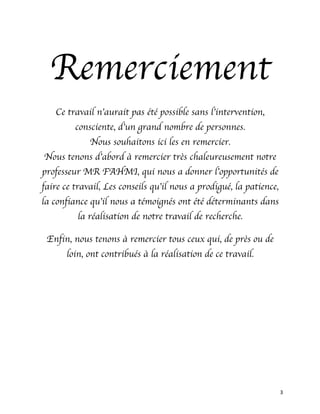   3	
  
Remerciement
Ce travail n’aurait pas été possible sans l’intervention,
consciente, d’un grand nombre de personnes.
Nous souhaitons ici les en remercier.
Nous tenons d’abord à remercier très chaleureusement notre
professeur MR FAHMI, qui nous a donner l’opportunités de
faire ce travail, Les conseils qu’il nous a prodigué, la patience,
la confiance qu’il nous a témoignés ont été déterminants dans
la réalisation de notre travail de recherche.
Enfin, nous tenons à remercier tous ceux qui, de près ou de
loin, ont contribués à la réalisation de ce travail.
	
  
	
   	
  
 