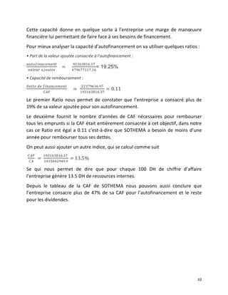   33	
  
Cette	
   capacité	
   donne	
   en	
   quelque	
   sorte	
   à	
   l'entreprise	
   une	
   marge	
   de	
   manœuvre	
  
financière	
  lui	
  permettant	
  de	
  faire	
  face	
  à	
  ses	
  besoins	
  de	
  financement.	
  
Pour	
  mieux	
  analyser	
  la	
  capacité	
  d’autofinancement	
  on	
  va	
  utiliser	
  quelques	
  ratios	
  :	
  
•	
  Part	
  de	
  la	
  valeur	
  ajoutée	
  consacrée	
  à	
  l'autofinancement	
  :	
  
!"#$%&'!()*)'#
!"#$%&  !"#$%é!
      =        
!"#$#%&$.!"
!"#$""%%".!"
= 19.25%
•	
  Capacité	
  de	
  remboursement	
  :	
  
!"##"  !"  !"#$#%&'&#(
!"#
          =      
!!"#$%"%.!"
!"#!$#%!$.!"
= 0.11  
Le	
  premier	
  Ratio	
  nous	
  permet	
  de	
  constater	
  que	
  l’entreprise	
  a	
  consacré	
  plus	
  de	
  
19%	
  de	
  sa	
  valeur	
  ajoutée	
  pour	
  son	
  autofinancement.	
  
Le	
   deuxième	
   fournit	
   le	
   nombre	
   d'années	
   de	
   CAF	
   nécessaires	
   pour	
   rembourser	
  
tous	
  les	
  emprunts	
  si	
  la	
  CAF	
  était	
  entièrement	
  consacrée	
  à	
  cet	
  objectif,	
  dans	
  notre	
  
cas	
  ce	
  Ratio	
  est	
  égal	
  a	
  0.11	
  c’est-­‐à-­‐dire	
  que	
  SOTHEMA	
  a	
  besoin	
  de	
  moins	
  d’une	
  
année	
  pour	
  rembourser	
  tous	
  ses	
  dettes.	
  
On	
  peut	
  aussi	
  ajouter	
  un	
  autre	
  indice,	
  qui	
  se	
  calcul	
  comme	
  suit	
  	
  
  
!"#
!"
    =    
!"#!$#%!$.!"  
!"!#$"%&"&.!
  =  13.5%  
Se	
   qui	
   nous	
   permet	
   de	
   dire	
   que	
   pour	
   chaque	
   100	
   DH	
   de	
   chiffre	
   d’affaire	
  
l’entreprise	
  génère	
  13.5	
  DH	
  de	
  ressources	
  internes.	
  
Depuis	
   le	
   tableau	
   de	
   la	
   CAF	
   de	
   SOTHEMA	
   nous	
   pouvons	
   aussi	
   conclure	
   que	
  
l’entreprise	
  consacre	
  plus	
  de	
  47%	
  de	
  sa	
  CAF	
  pour	
  l’autofinancement	
  et	
  le	
  reste	
  
pour	
  les	
  dividendes.	
  	
  
	
  
	
   	
  
 