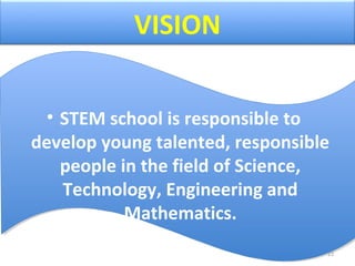 VISION
• STEM school is responsible to
develop young talented, responsible
people in the field of Science,
Technology, Engineering and
Mathematics.
22
 