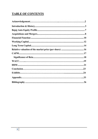 TABLE OF CONTENTS

Acknowledgement………………………………..…………………………….2

Introduction & History....................................................................................... 3
Bajaj Auto Equity Profile ................................................................................... 7
Acquisitions and Mergers................................................................................... 8
Financial Function ............................................................................................ 10
Working Capital ................................................................................................ 12
Long Term Capital............................................................................................ 14
Relative valuation of the market price (per share) ....................................... 16
CAPM ................................................................................................................. 17
  Significance of Beta ........................................................................................ 18
WACC……...………………………………………………………………….19
DDM ................................................................................................................... 21
Conclusion…………………………………………………………………….23
Exhibits…………………………………………………..................................24

Appendix……………………………………………………………………....33

Bibliography ...................................................................................................... 36




       3
 